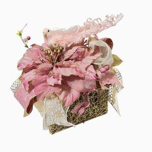 Pink Gold Decorative Holiday Mesh Box Bird Feathers Poinsettia Flowers Vintage